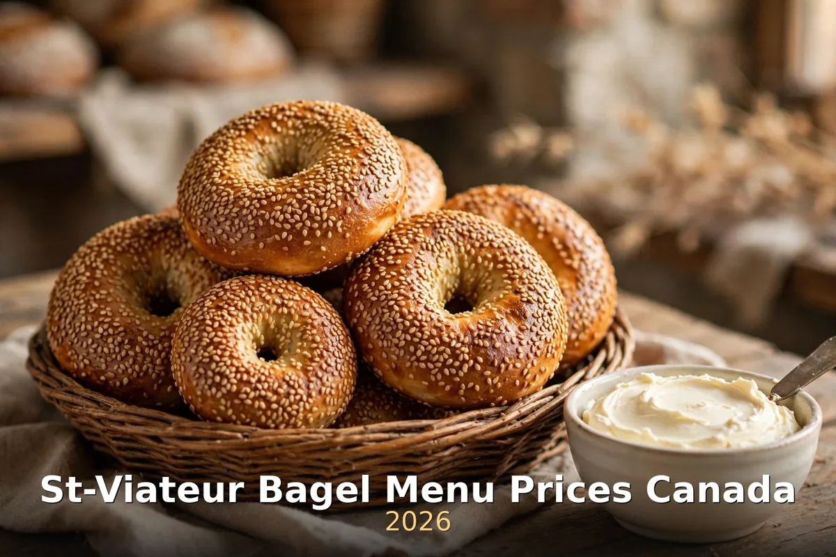 St-Viateur Bagel menu prices Canada 2026: basket of sesame wood-fired bagels with cream cheese