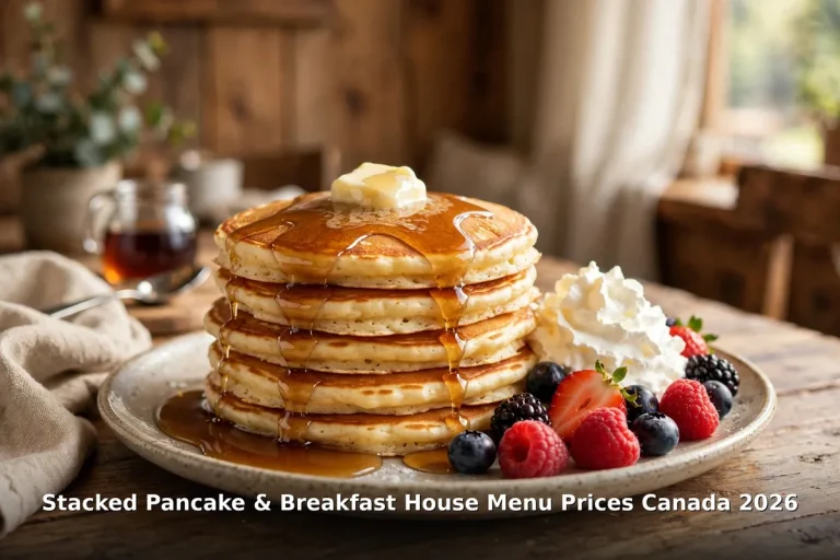 Tall stack of pancakes with maple syrup and berries, stacked pancake house menu prices canada