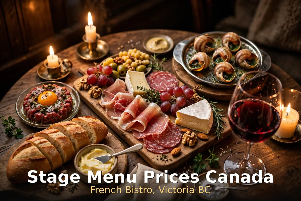 Stage menu prices Canada 2026: French wine bar spread and candlelit bistro room at Stage Victoria BC, stage menu prices canada