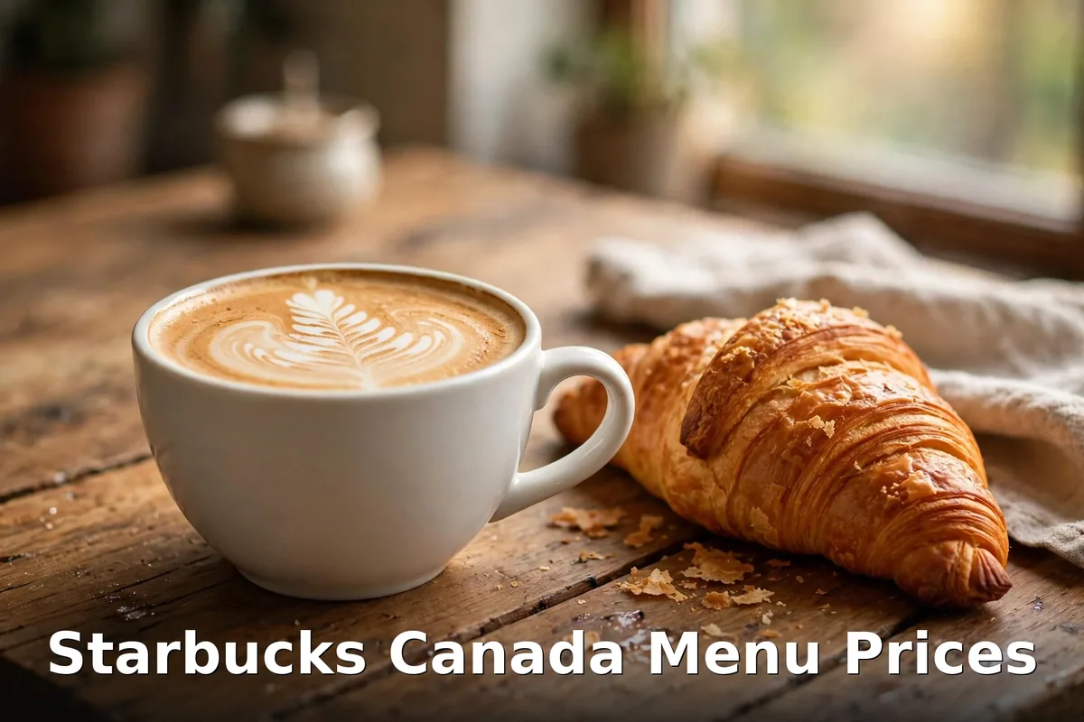 Starbucks Canada menu prices 2026, AI coffee cup and croissant photo with keyword text overlay, starbucks canada menu