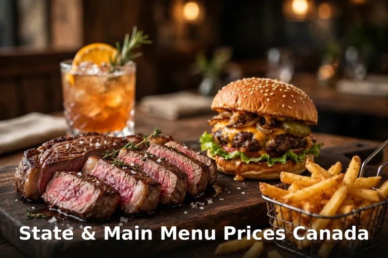 AI-generated steak and burger pub spread with PIL text overlay, state and main menu prices canada 2026