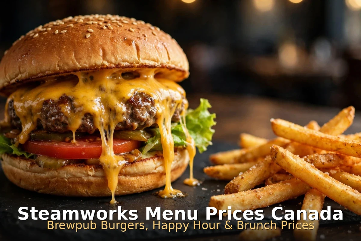 steamworks menu prices Canada 2026: AI-generated cheeseburger with fries, Steamworks Menu Prices Canada