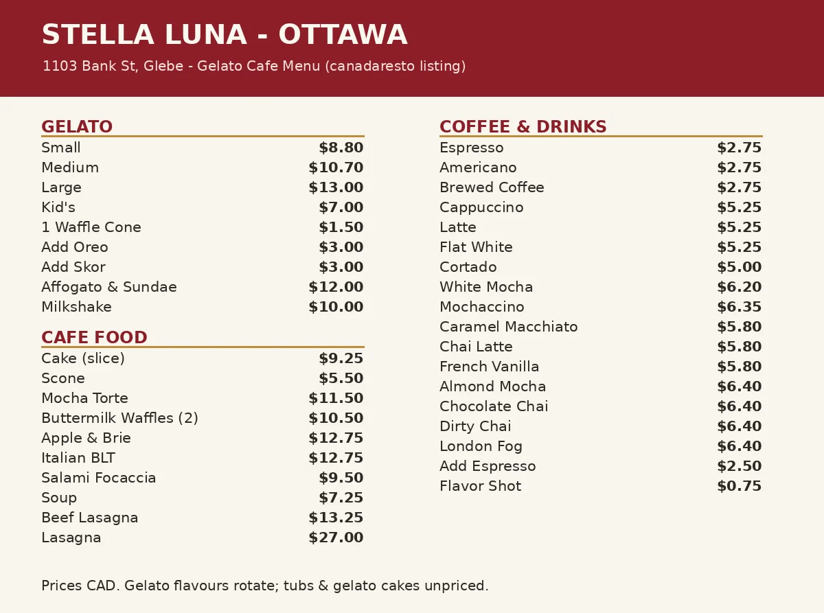 Stella Luna menu prices Canada, current Bank Street cafe menu card render with gelato sizes, cafe food and coffee prices