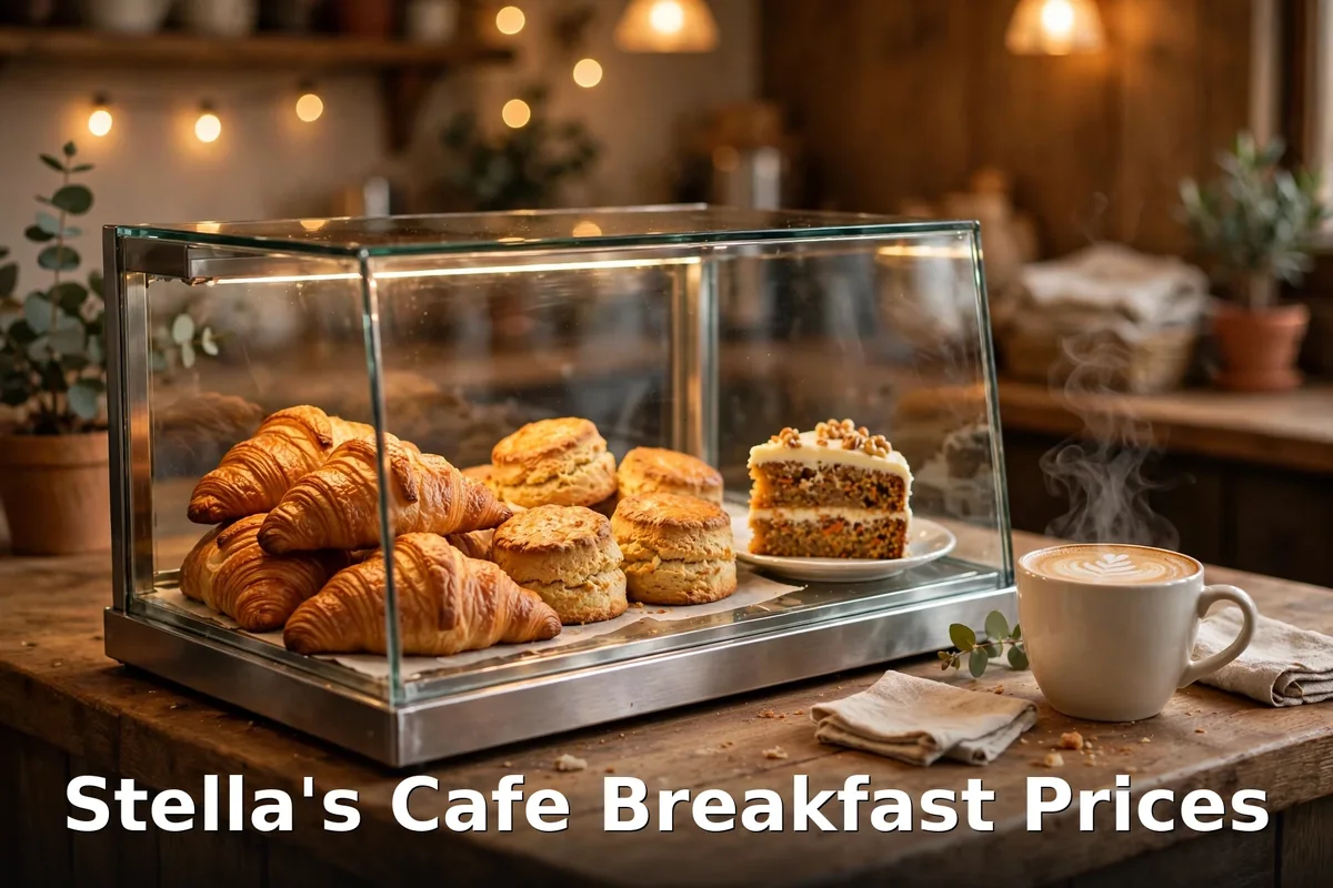stellas cafe menu prices: Stella's Cafe bakery display case with croissants, muffins and cake slices