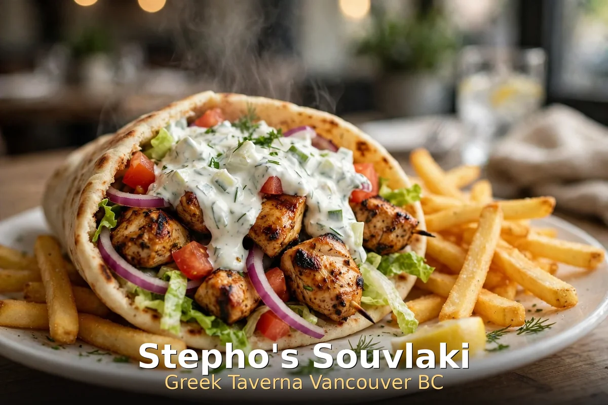 Chicken souvlaki pita wrap at Stepho's Souvlaki Greek Taverna Vancouver, stephos chicken souvlaki price canada