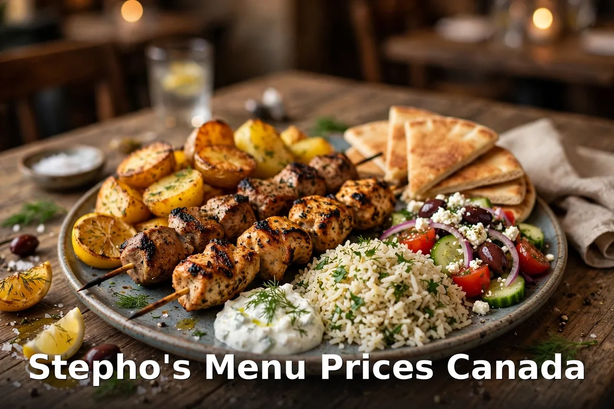 Stepho's menu prices Canada 2026 featured: AI-generated Greek souvlaki platter with pita and dips