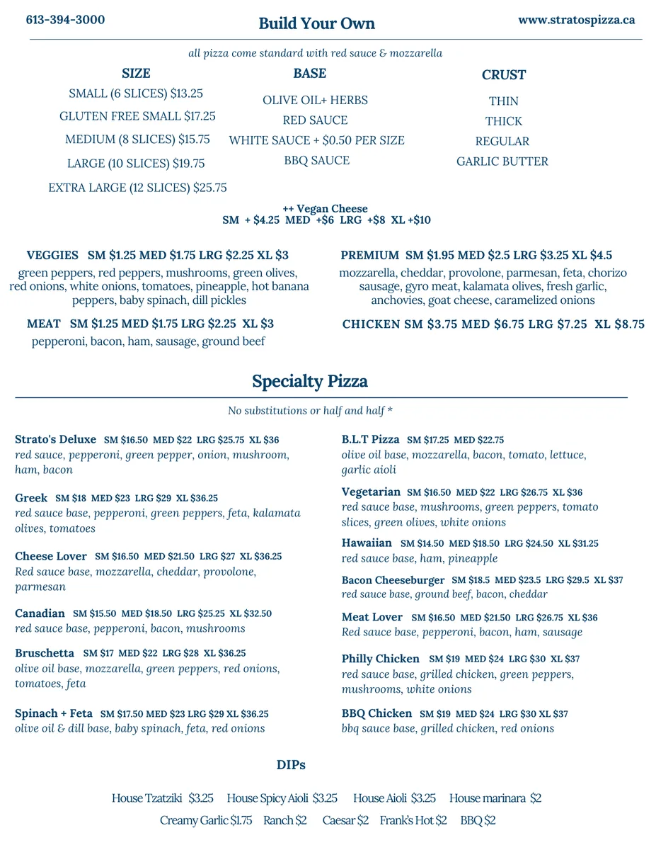 Stratos Pizzeria official menu card showing build your own pizza prices and specialty pizza prices, stratos pizzeria menu prices