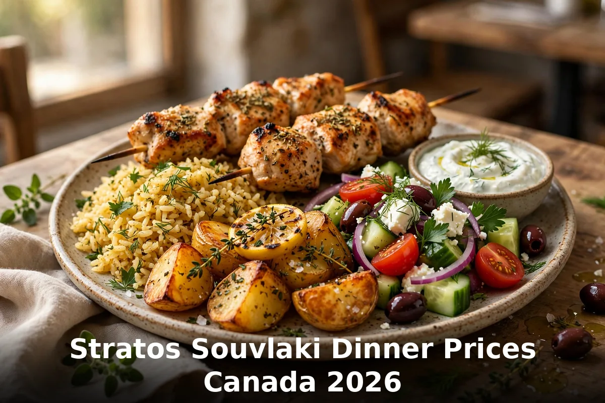 Stratos souvlaki dinner with chicken skewers, rice pilaf, lemon roasted potatoes and Greek salad, stratos pizzeria menu prices