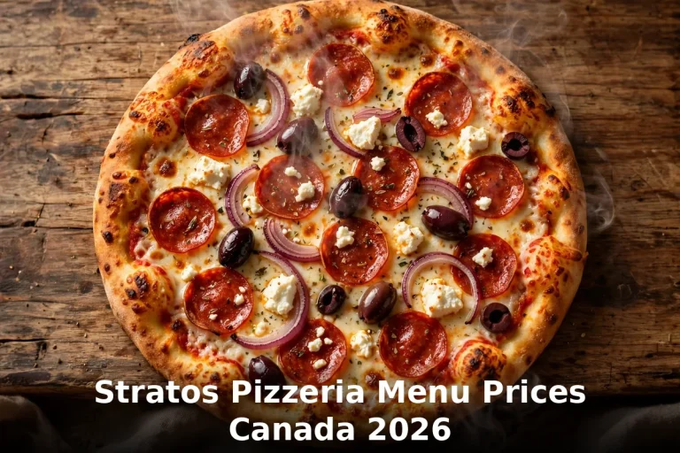 Steaming Greek-style pepperoni and feta pizza with kalamata olives on a wooden table, stratos pizzeria menu prices