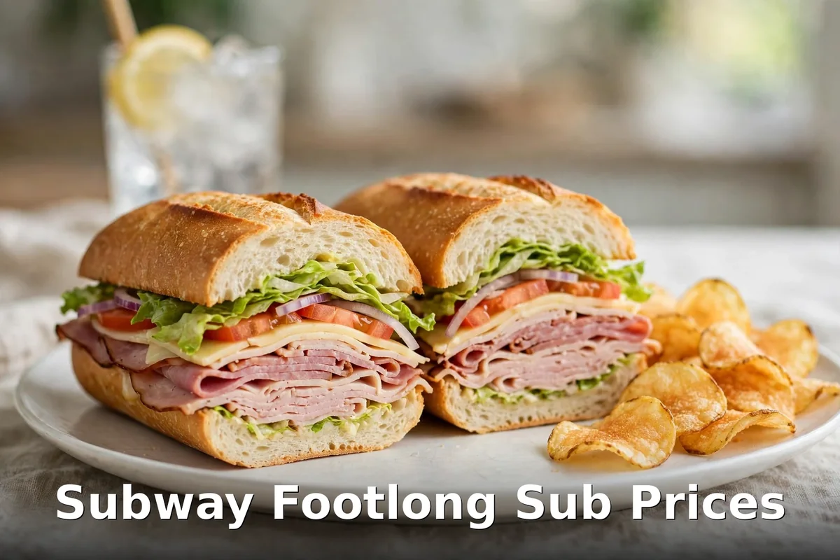 Subway footlong sub prices Canada: fresh ham footlong cut in half with chips and iced drink, subway footlong prices canada 2026