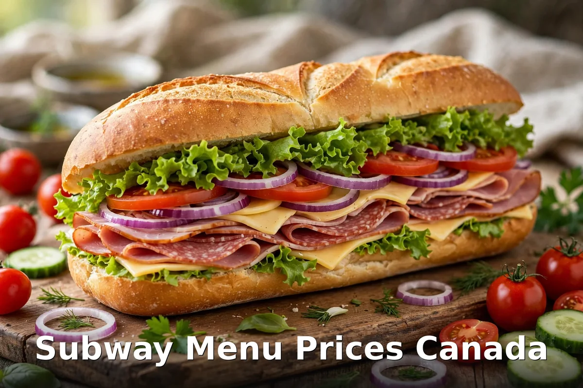 Subway Menu Prices Canada 2026: fresh deli-style sub sandwich with lettuce, tomato, onion and ham on a rustic wooden board