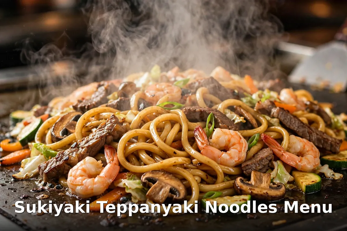 Sukiyaki teppanyaki noodles menu prices Canada: beef and shrimp stir-fry with udon noodles
