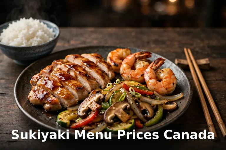 Sukiyaki menu prices Canada 2026: teppanyaki chicken and shrimp with rice, Japanese quick-service