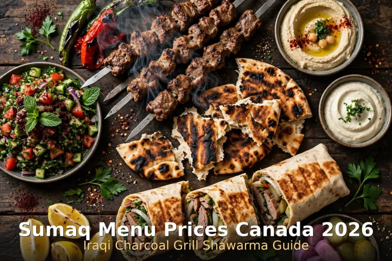 Sumaq menu prices Canada 2026: Iraqi charcoal-grill spread with kebabs, shawarma and rice