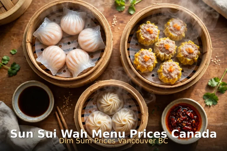Sun Sui Wah menu prices Canada 2026: steaming dim sum baskets with har gow and shiu mai, Sun Sui Wah Menu Prices Canada