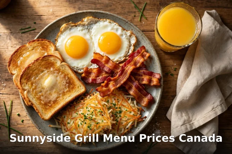 Sunnyside Grill all-day breakfast platter with eggs, bacon, toast and hash browns, sunnyside grill menu prices canada