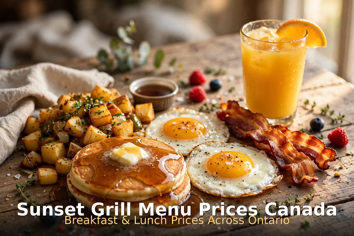 Sunset Grill menu prices Canada 2026: AI-generated Ontario breakfast spread with pancakes, sunny-side-up eggs, bacon and home fries