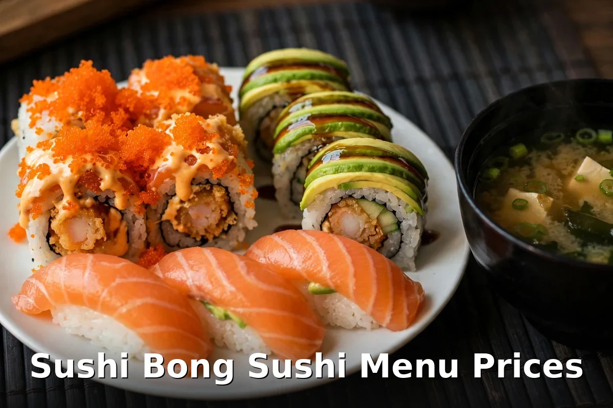 Sushi Bong sushi platter with maki rolls, nigiri and miso soup, sushi bong menu prices