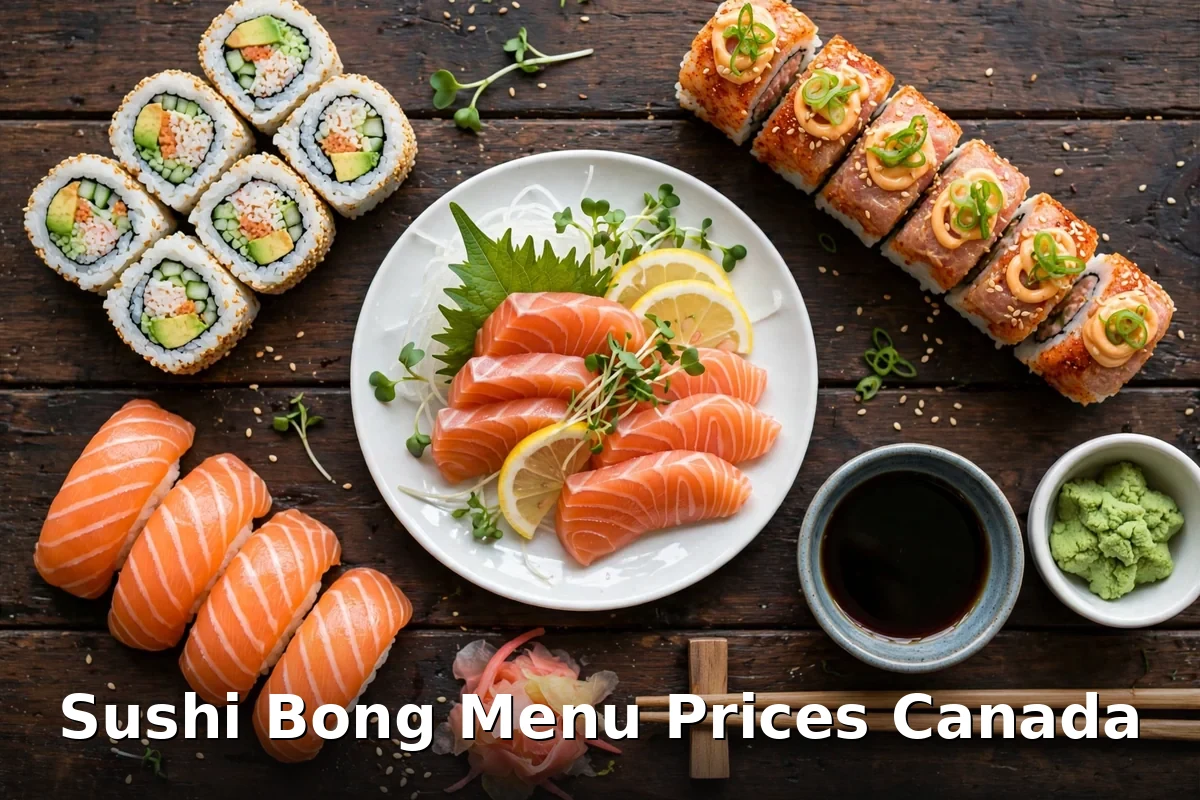 Sushi Bong menu prices Canada - sushi rolls, salmon nigiri and sashimi platter on dark wood, sushi bong menu prices