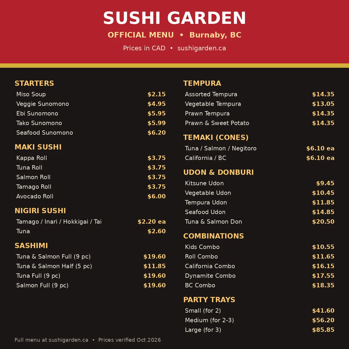 Sushi Garden official menu card with maki, nigiri, sashimi, tempura and combo prices, sushi garden menu prices canada