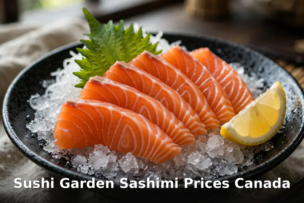 Fresh salmon sashimi slices on ice with lemon, sushi garden sashimi prices canada