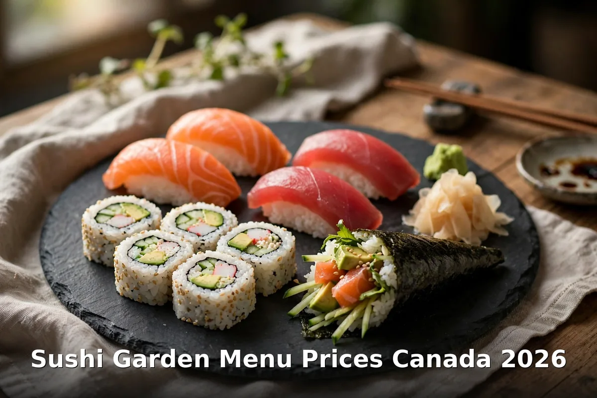 Assorted sushi platter with salmon nigiri, tuna nigiri, maki rolls and temaki cone, sushi garden menu prices canada