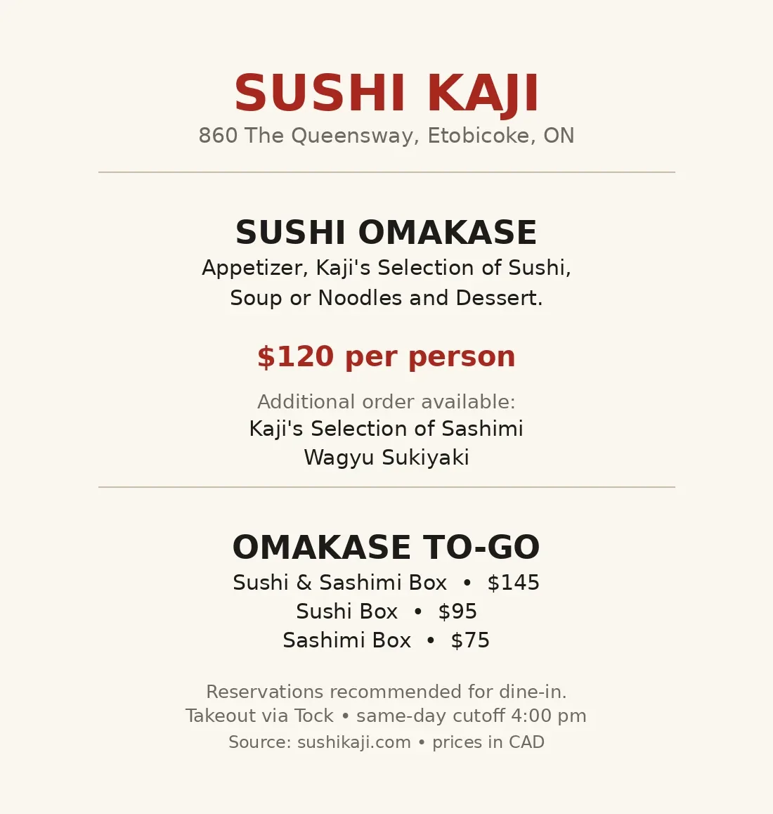 Sushi Kaji menu card with current Canadian omakase prices in CAD, sushi kaji menu prices canada
