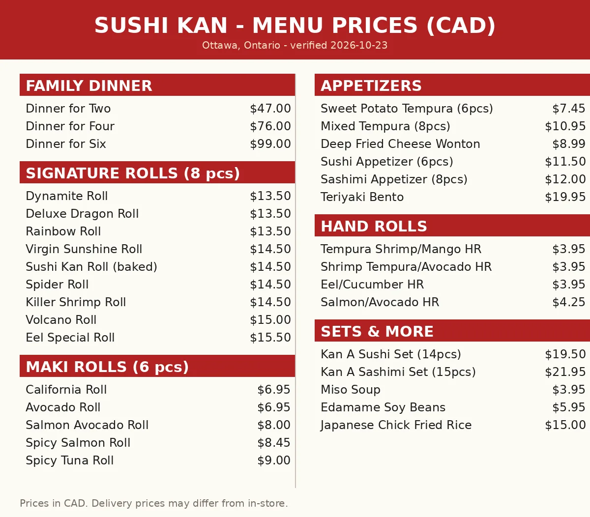 Sushi Kan menu card Canada 2026 showing sushi prices from $3.00 to $99.00, sushi kan prices