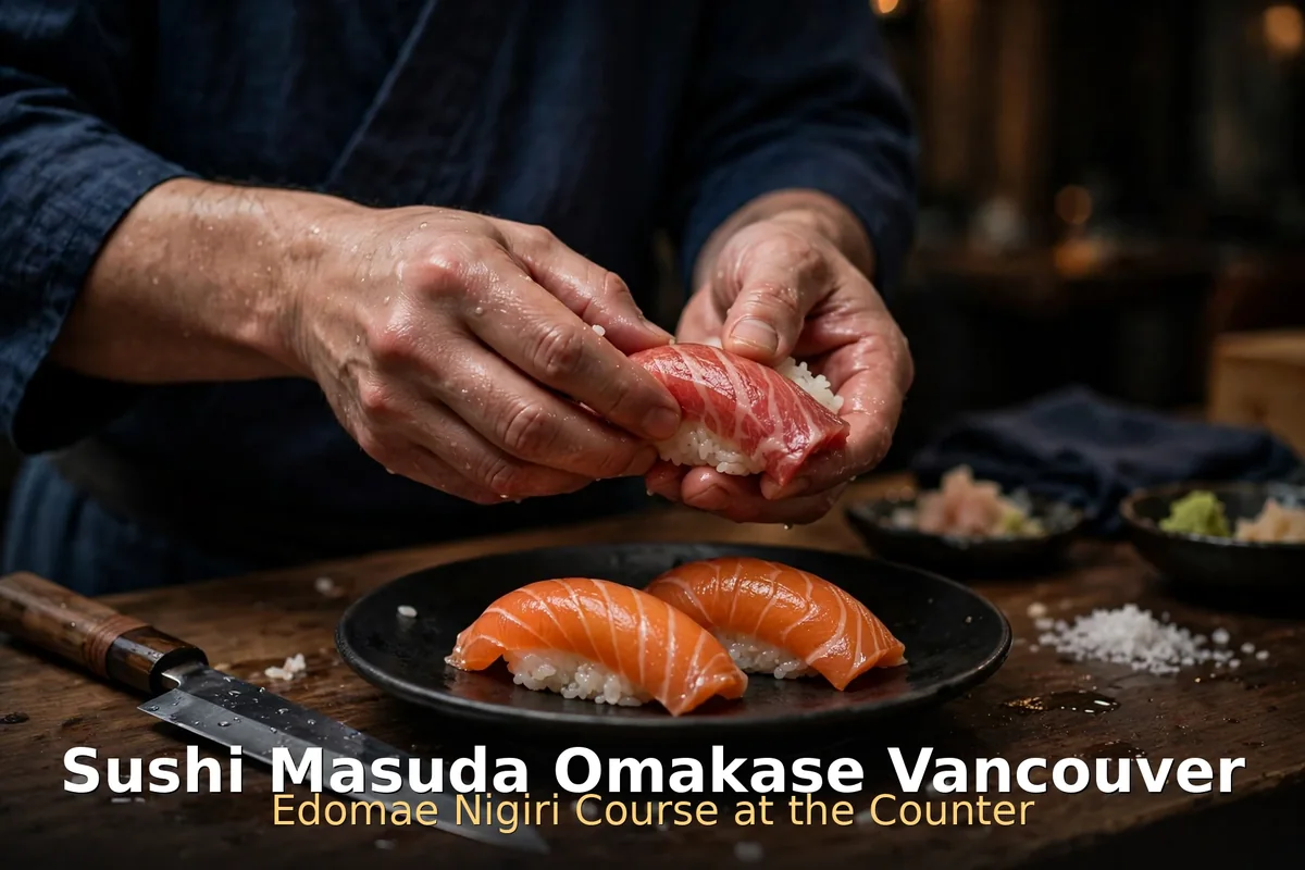 Fresh nigiri sushi pieces on a dark wooden counter, sushi masuda omakase menu prices vancouver