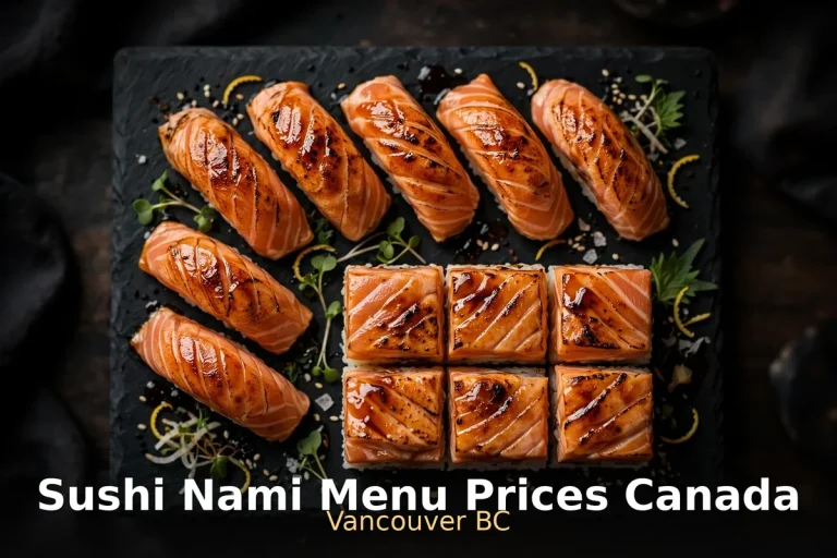 sushi nami menu prices canada 2026: flame-seared aburi salmon nigiri and salmon oshi sushi on black slate, sushi nami menu prices canada