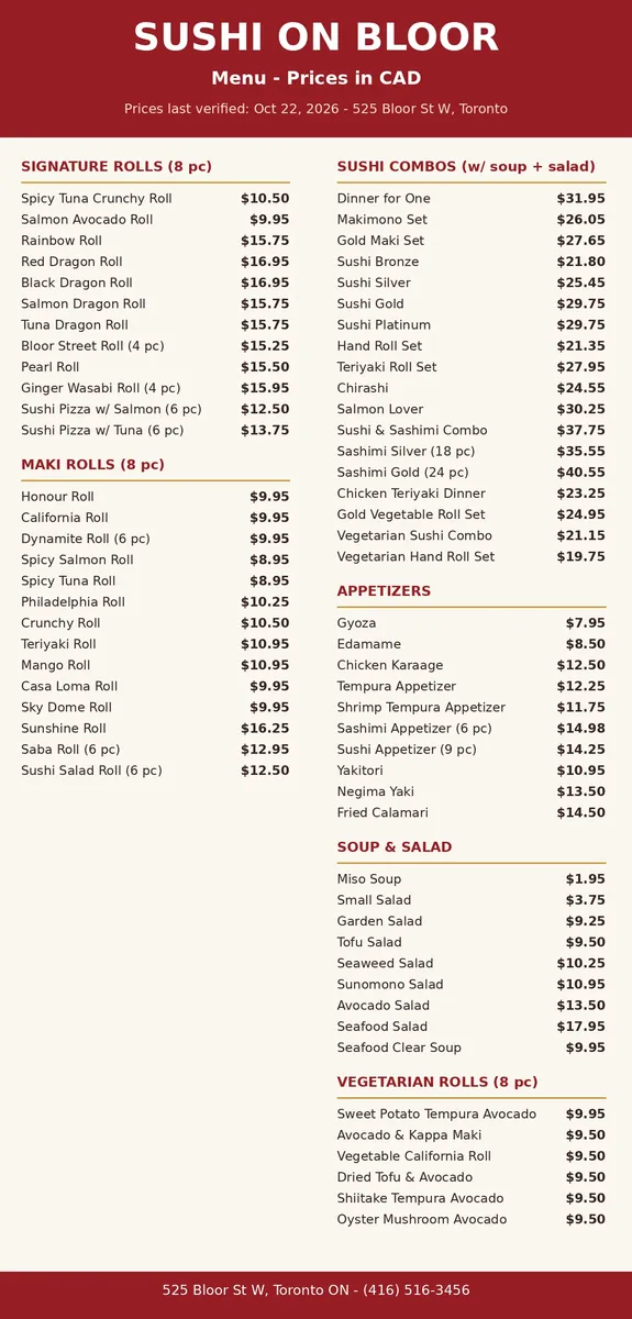 Sushi On Bloor official menu card showing sushi roll prices in CAD, sushi on bloor menu prices canada