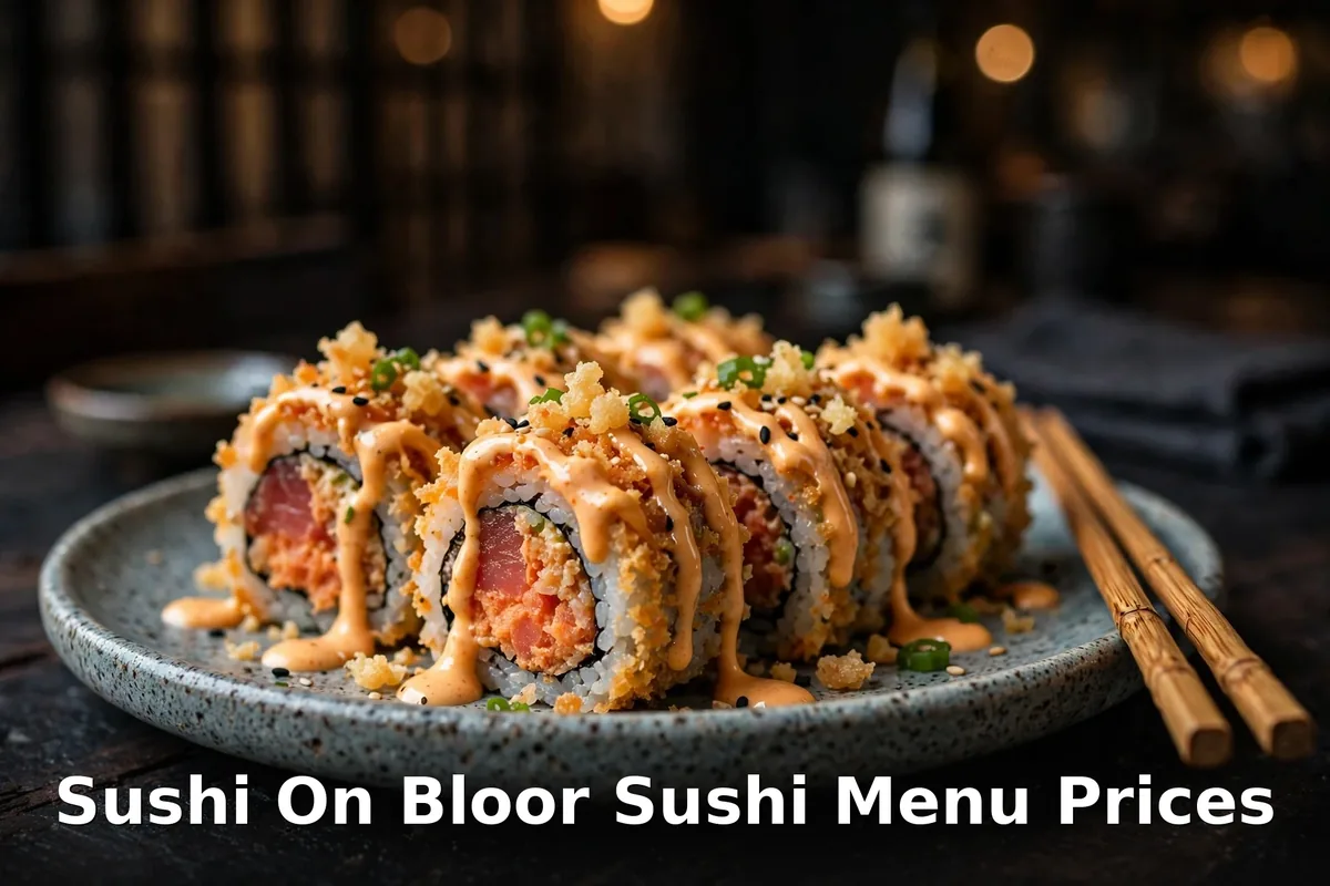 Sushi pizza and dragon rolls on a wooden board, sushi on bloor menu prices