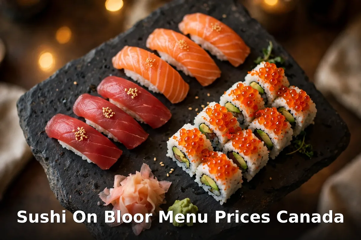 Fresh sushi rolls and sashimi platter with avocado and salmon, sushi on bloor menu prices canada 2026