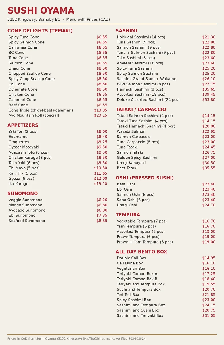 Sushi Oyama menu card Canada 2026 showing cone delights, bento box, sashimi and oshi sushi prices in Burnaby, sushi oyama menu prices