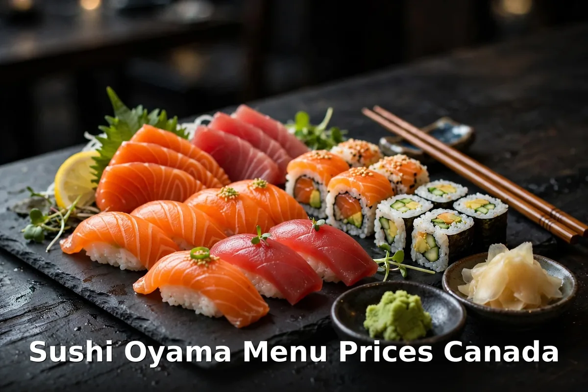 AI-generated sushi platter with salmon nigiri and rolls, sushi oyama menu prices canada 2026