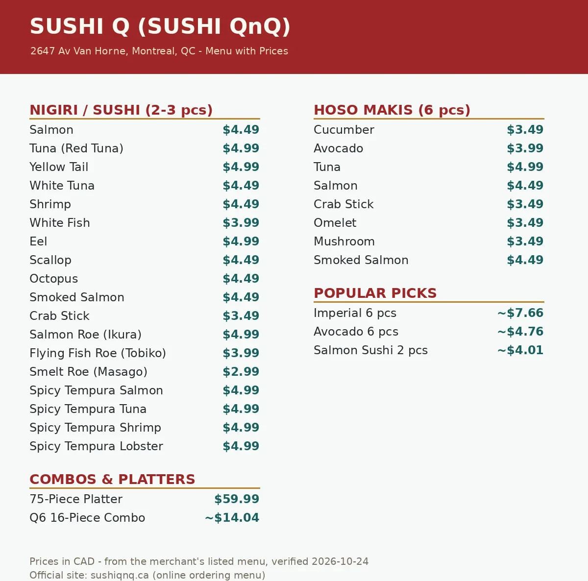 Sushi Q official menu card showing nigiri, hoso maki and platter prices in CAD, sushi q menu prices canada