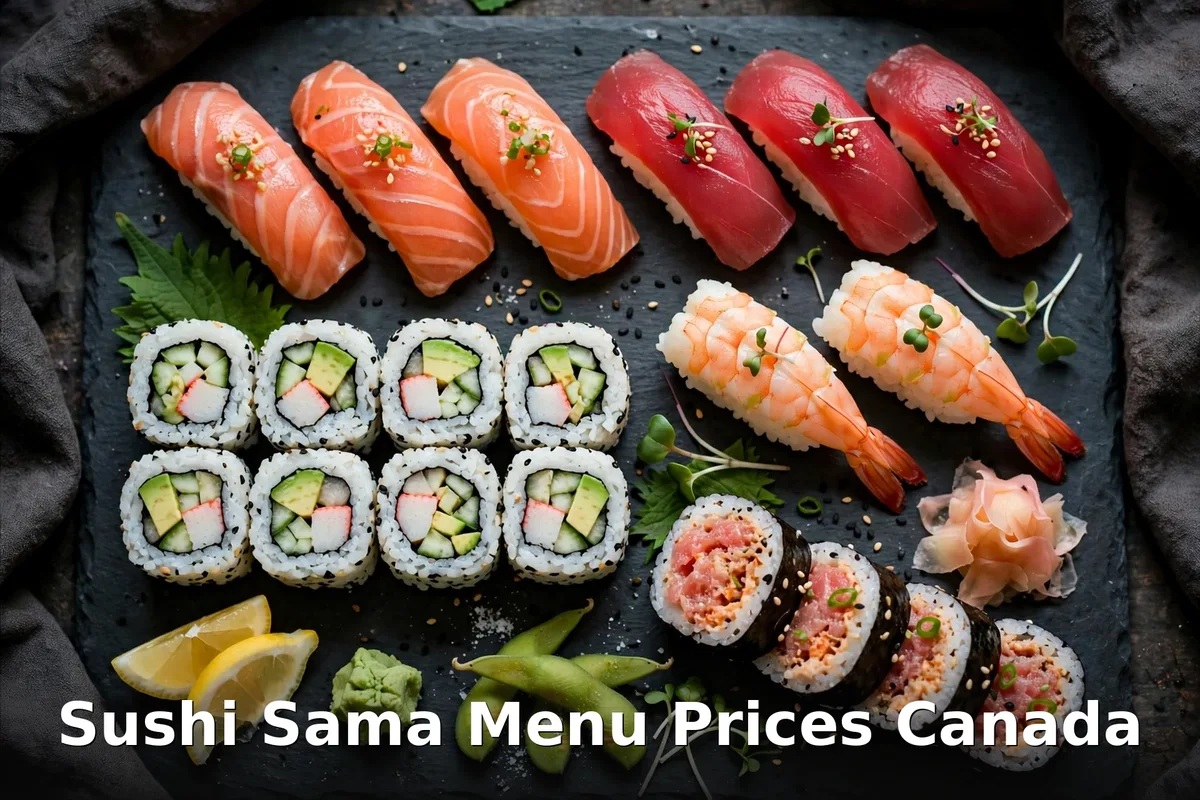AI-generated sushi spread with salmon nigiri and rolls, sushi sama menu prices canada 2026