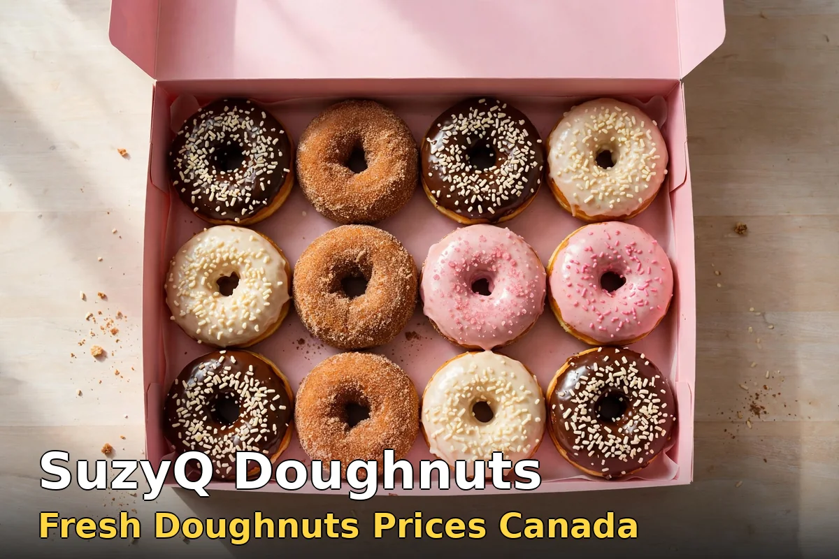 Open pink bakery box with a dozen assorted SuzyQ style doughnuts with chocolate glaze, sprinkles and cinnamon sugar, suzyq doughnuts menu prices canada 2026