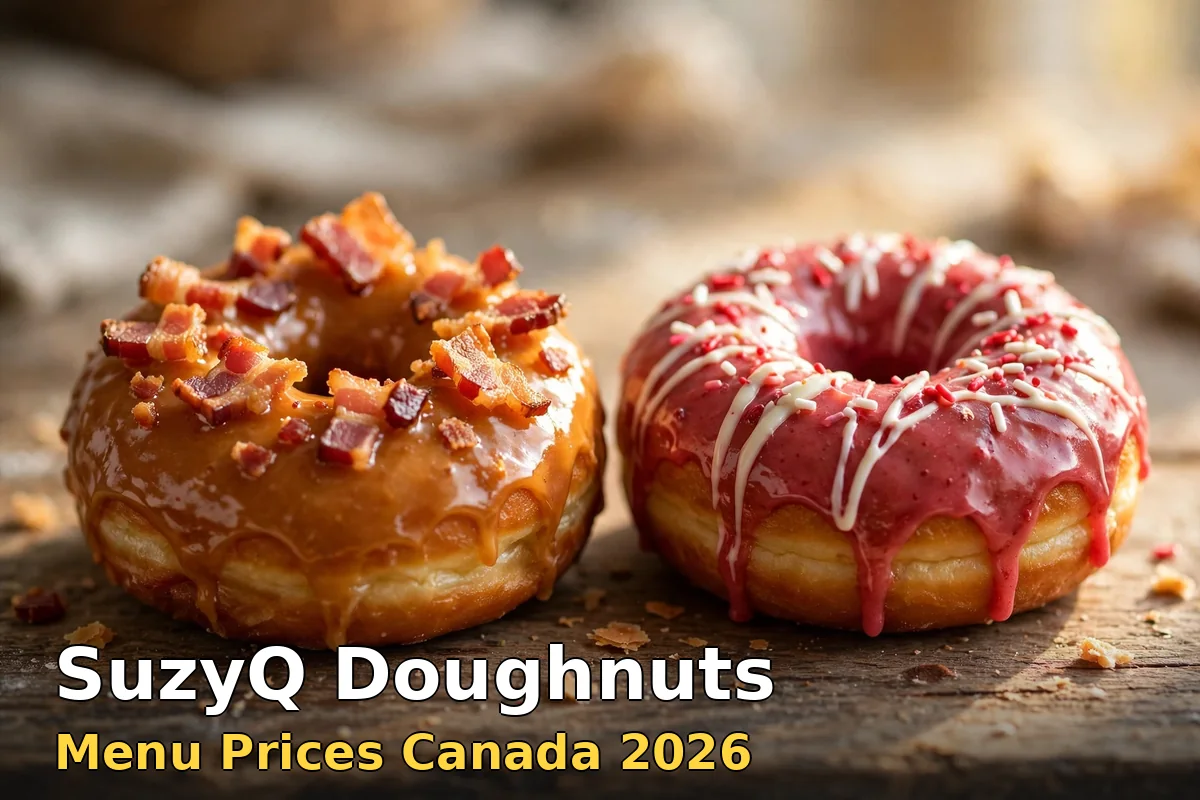Maple bacon and raspberry glazed artisan doughnuts on a wooden bakery counter, suzyq doughnuts menu prices canada 2026