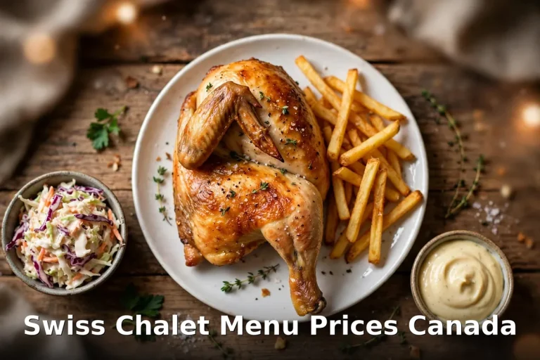 Swiss Chalet menu prices Canada 2026, AI rotisserie chicken dinner plate photo with keyword text overlay