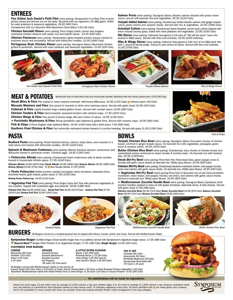 Symposium Cafe in-store menu showing entrees, pasta, bowls and burger prices, symposium cafe menu prices canada