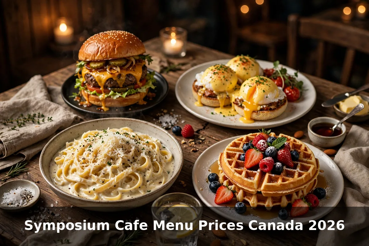 Symposium Cafe food spread with burger, eggs benedict, pasta and waffles, symposium cafe menu prices canada