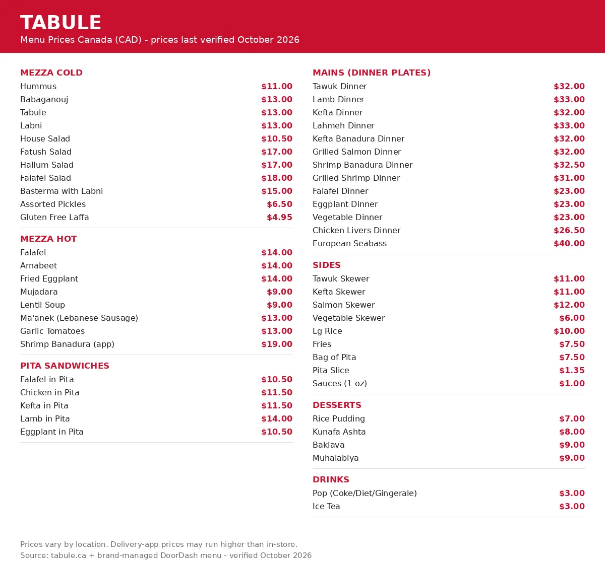 Tabule menu card with current Canadian Lebanese menu prices in CAD, tabule menu prices canada
