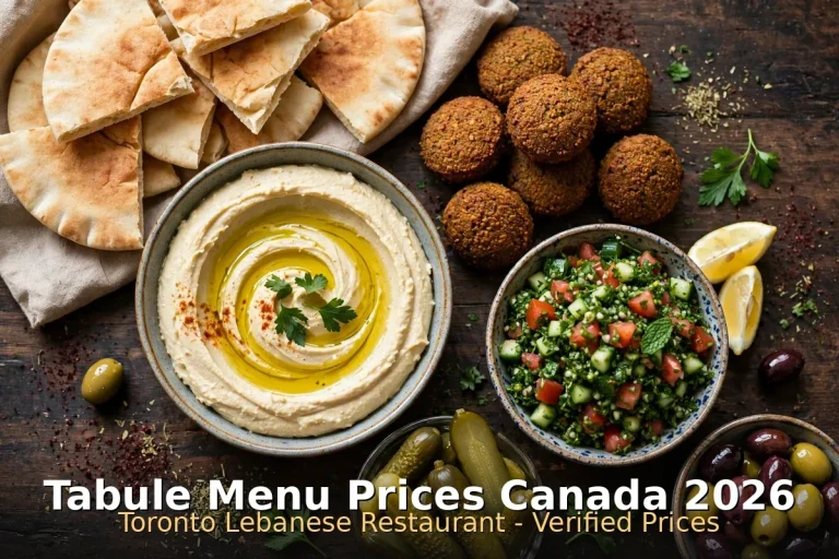 Tabule menu prices Canada - Lebanese spread with hummus and grilled meats, tabule menu prices canada