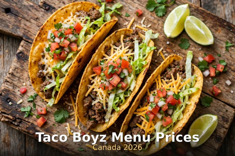 Taco Boyz Menu Prices Canada 2026: three loaded beef tacos with cheese, lettuce, pico de gallo and lime on a wooden board