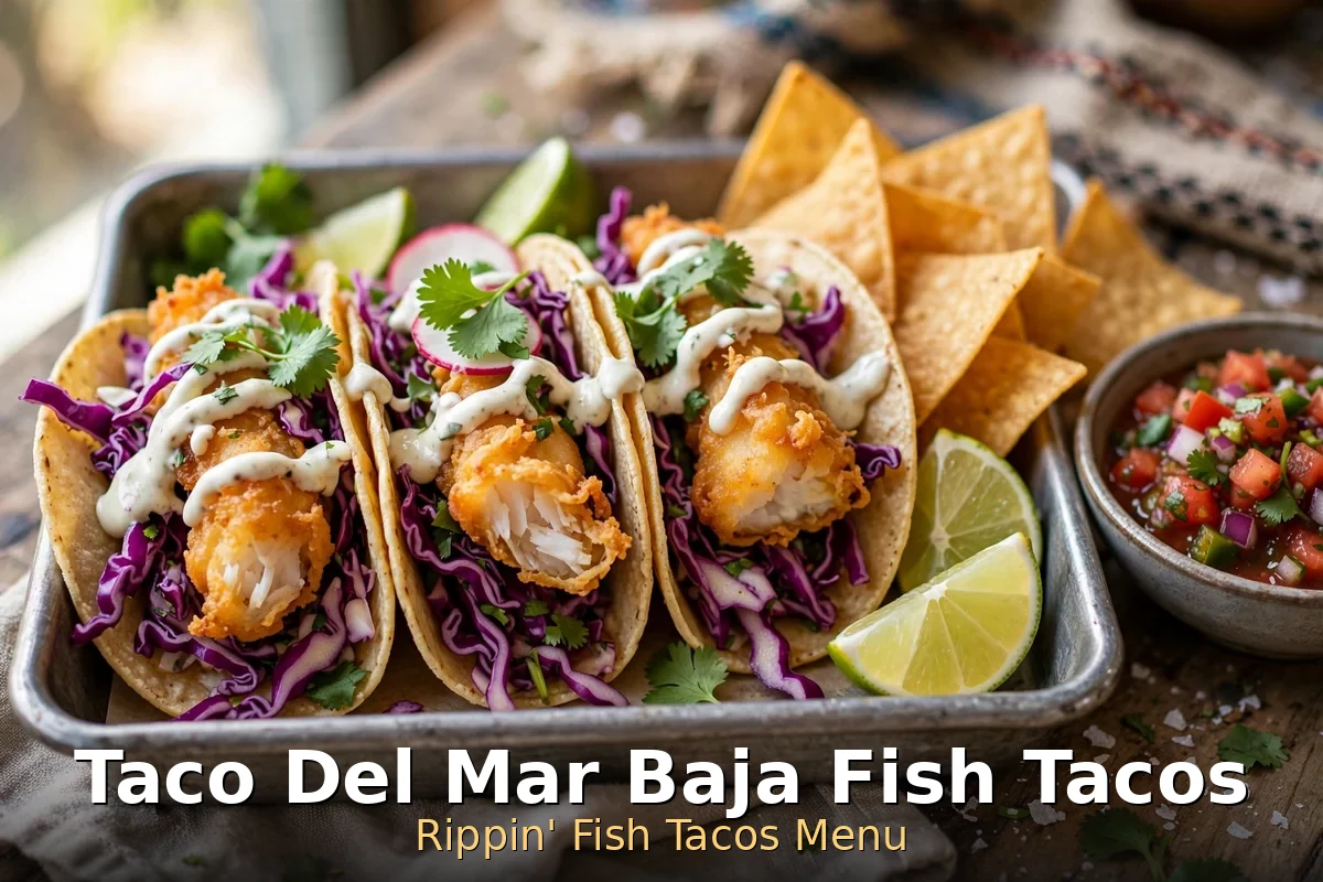 Taco del Mar Rippin' Fish tacos menu prices: Baja-style fish tacos with chipotle drizzle, red cabbage and lime