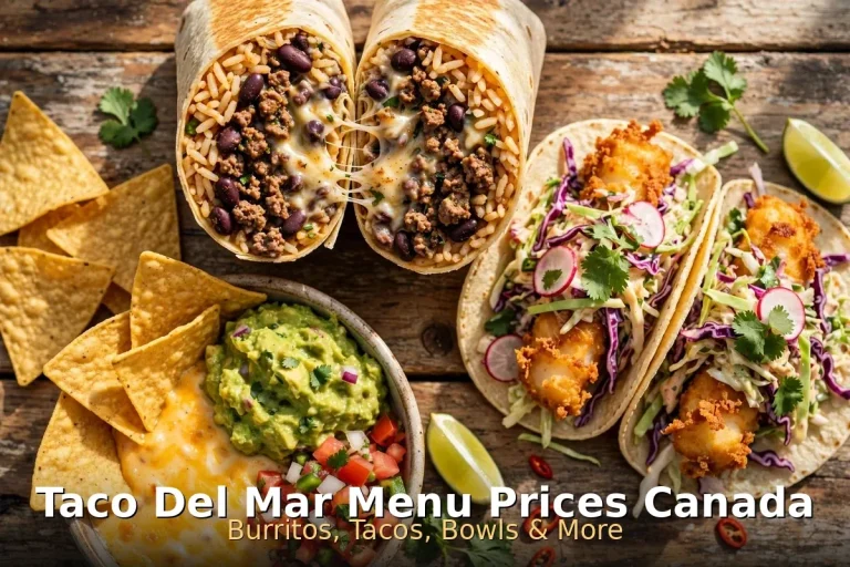 Taco del Mar menu prices Canada 2026: Baja-style burrito cut open with rice, beef and beans, fish tacos, guacamole and chips