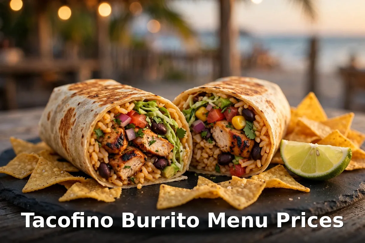 Tacofino burrito menu prices: grilled chicken burrito cut open with rice, black beans, corn and fresh salsa