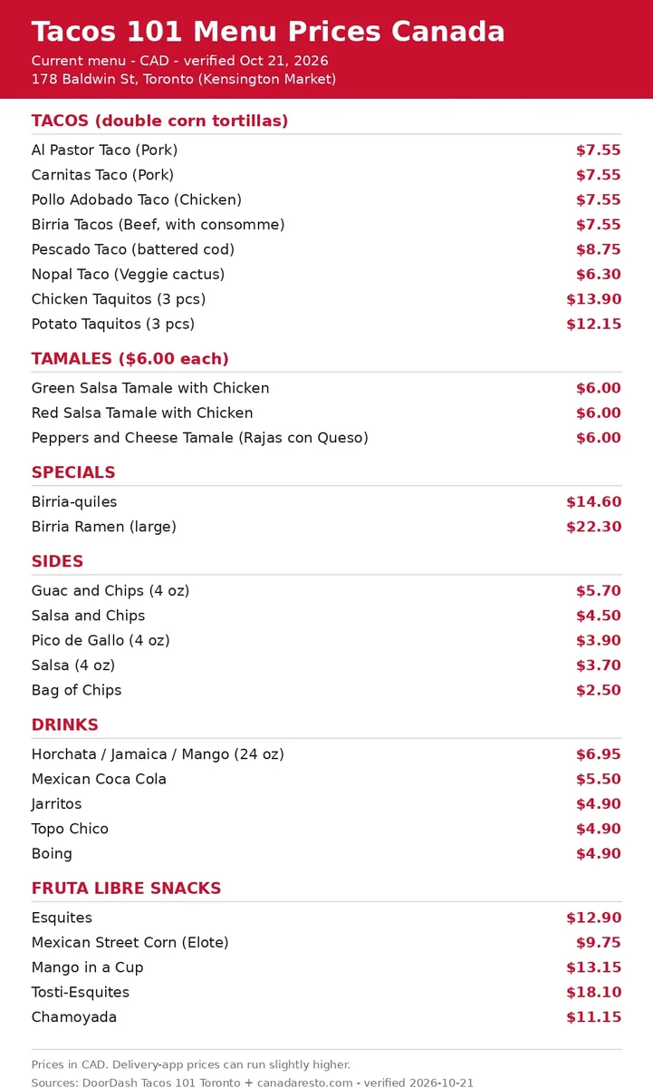Tacos 101 menu card with taco, tamale, side, drink and Fruta Libre snack prices, tacos 101 menu prices canada