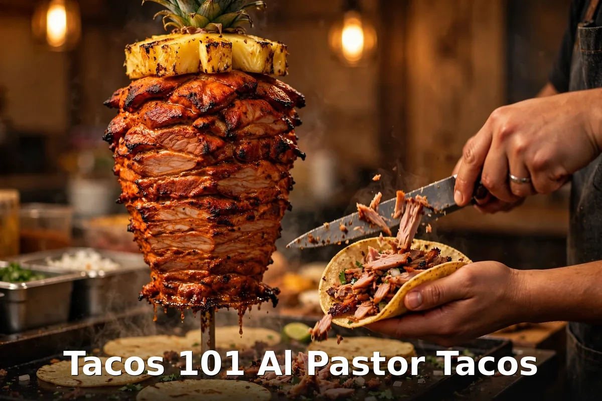 Al pastor pork shaved off a trompo onto a taco, tacos 101 al pastor tacos canada